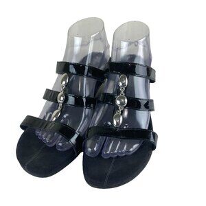 Mephisto Womens sz 10 Black Patent Leather Strappy Wedge Heel Sandal Silver Stud